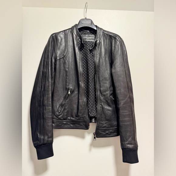 Dolce & Gabbana Black Leather Jacket with Polka Dot Lining